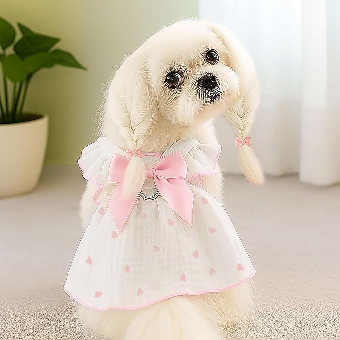 Dog Dresses for Small Dogs Girl Female Dog Cat Clothes Dress Cute Cotton Extra Summer Clothes Bow Decor Printed Love Birthday Outfit Puppy Clothes (Light Pink & Black, X-Small)