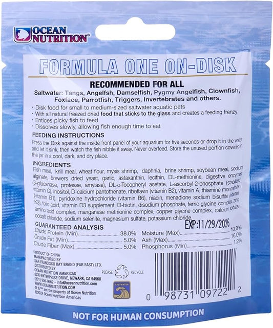 Ocean Nutrition Fish Food Formula One On-Disk - All-Natural Fish Food for Saltwater Carnivore, Tangs, Angels, Clownfish, High Protein (38%), 0.37 oz (10.5 g), Small Size