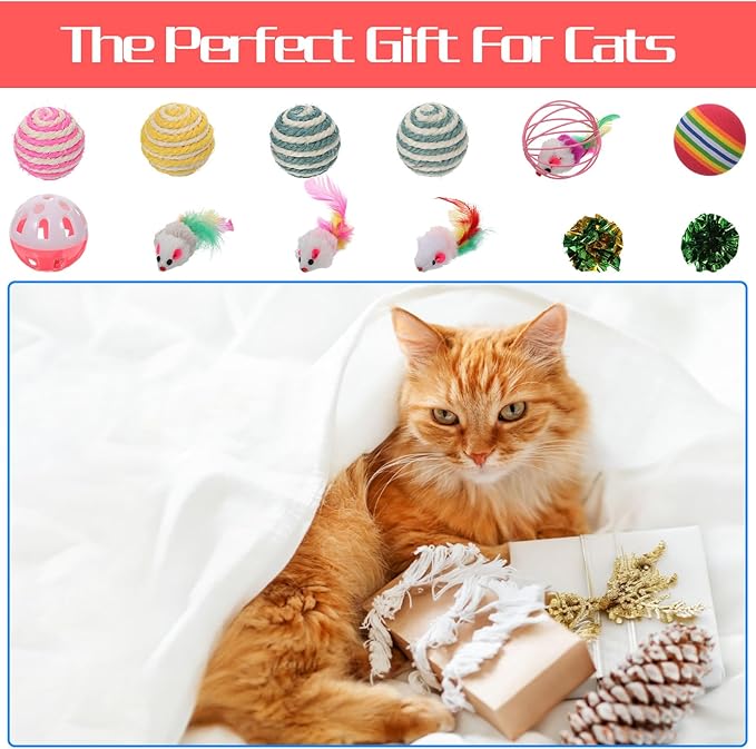 80 Pcs Cat Toys Bulk Kitten Toys Pack with Caged Rat Ball, Colorful Mice, Crinkle Balls, Rainbow Ball, Sisal & Bell Balls, Interactive Variety for Indoor Cats