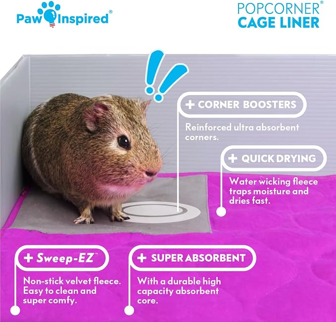 Paw Inspired PopCorner Guinea Pig Cage Liners | Washable Fleece Bedding or Pet Bed Mat for Small Animals | Super Absorbent Pee Pad with Reinforced Corners and Waterproof Bottom (C&C 2x4, Blue)
