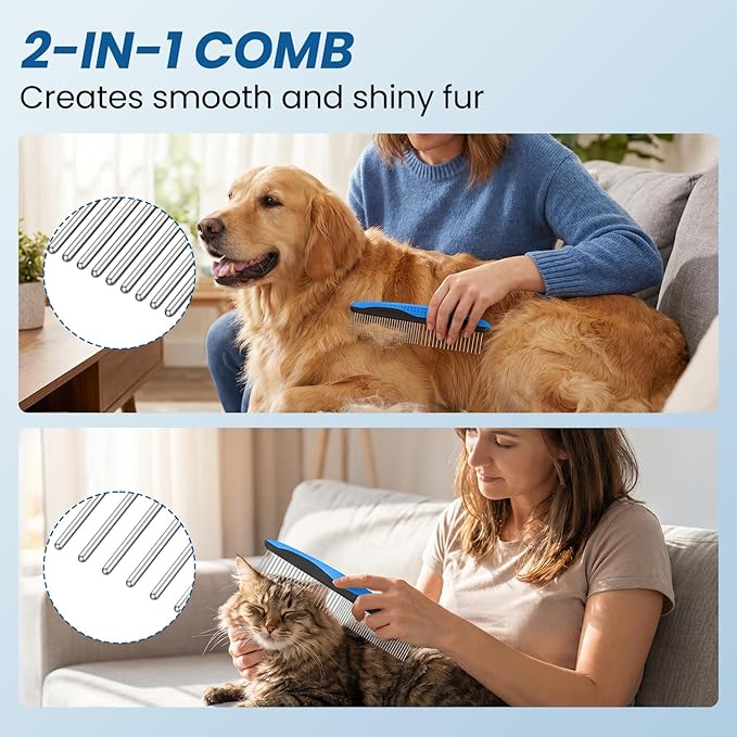 Double-Sided Pet Grooming Rake - 4-in-1 Professional Pet Grooming Kit, Deshedding Dematting Tool for Dogs, Cats, Extra-Wide Grooming Brush & Deshedder Comb for Long and Short Haired Pets (4PCS Blue)