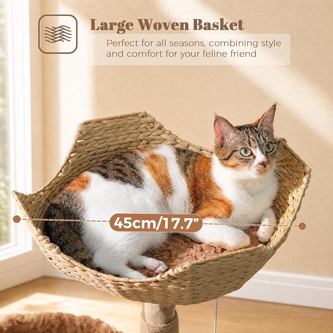 MUTTORS Modern Cat Tree for Indoor Cats, 40 Inches Natural Solid Wood Cat Tower for Large Cats, Aesthetic Cat Furniture with Top Rattan Basket, Hammock & Scratching Post, Brown