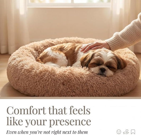 Calming Donut Dogs Beds for Small Dogs Washable,23inch Plush Round Pet Bed for Cozy Sleep,Fluffy Faux Fur Large Cat Bed,Fits up to 25 lbs Pets,Camel