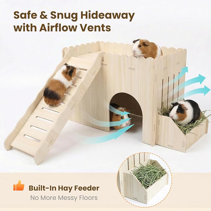 Extra Large Guinea Pig Hideout Wooden Bunny Climbing Toys Castle House with Ramp and Feeder, Enrichment Accessories for Rabbit, Chinchilla, Hamster, Hutch Cages for Small Animals