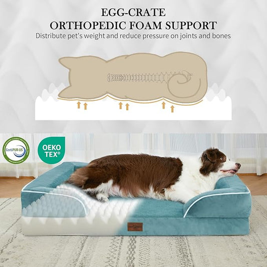 Comfort Expression Orthopedic Dog Bed for Extra Large Dogs 53x42 Inch, Waterproof Egg Crate Foam XXL Pet Bed with Removable Bolsters, Dog Couch with Washable Cover & Non-Slip Bottom, Washed Blue