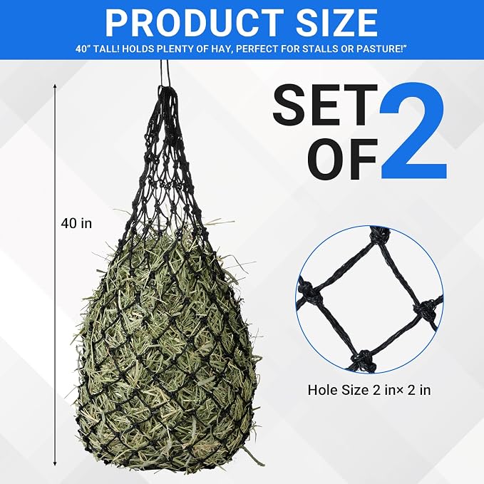 2-Pack Heavy Duty Hay Bags, Slow Feeder for Horses & Goats with 2-Inch Holes, Adjustable Drawstring Hay Net to Reduce Waste & Improve Digestion for Stall, Trailer, Pasture