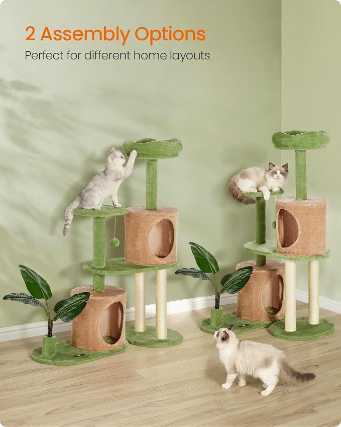 Feandrea Cat Tree, 42.9 Inches Tall Cat Tower, Multi-Level Plush Condo with Artificial Leaves, Scratching Posts, Grass Green and Camel Brown UPCT011C101S