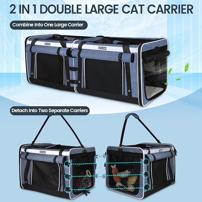Petskd Double Extra Large Cat Carrier with Litter Box and Privacy Curtain, 48"x17"x17" Soft Cat Car Travel Carrier with Locking Zippers for Multiple Cats Long Distance Trip(Blue)