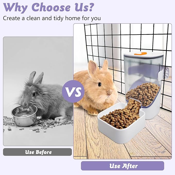 34oz Automatic Rabbit Food Dispenser for Cage Hanging Guinea Pig Feeder No Drip Bunny Food Bowl for Ferret Rat Hamster Chinchilla and Other Small Animals (White)