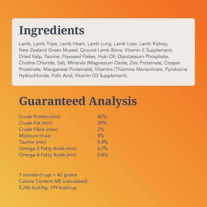 Feline Natural High Protein Dry Cat Food, Freeze-Dried Diet with 98% Meat, Organs & Seafood, No Peas, Grains, or Artificial Additives, Made in New Zealand, Lamb, 11oz