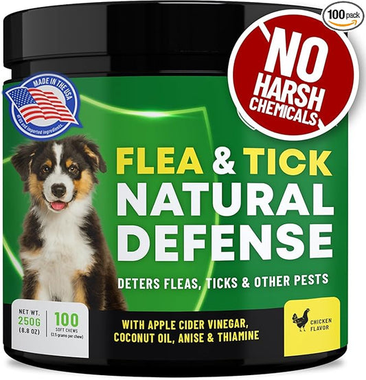 Flea and Tick Chewable Pills - No Harsh Chemicals - 100 Chicken Flavored Treats - Guardian's Choice Pets Brand - Tasty Chews Flea Pills Dogs Love