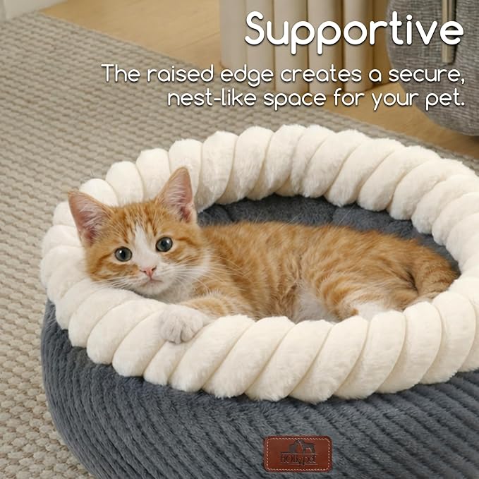Hollypet Cat Bed for Indoor Cats Kitty Beds, Round Washable Fluffy Small Dog Bed, Soft Cozy Plush Pet Beds for Puppy and Kitten with Non-Slip Bottom (20" Diameter, Grey)
