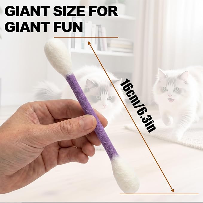 Cute Giant Qtip Cat Toy with Catnip - 6 Pack | Durable for Chew, Interactive Cat Chew Toys for Boredom Relief & Play | Filled w/Organic Catnip for Anxiety & as Digestive Aid | Perfect Kitten Gift
