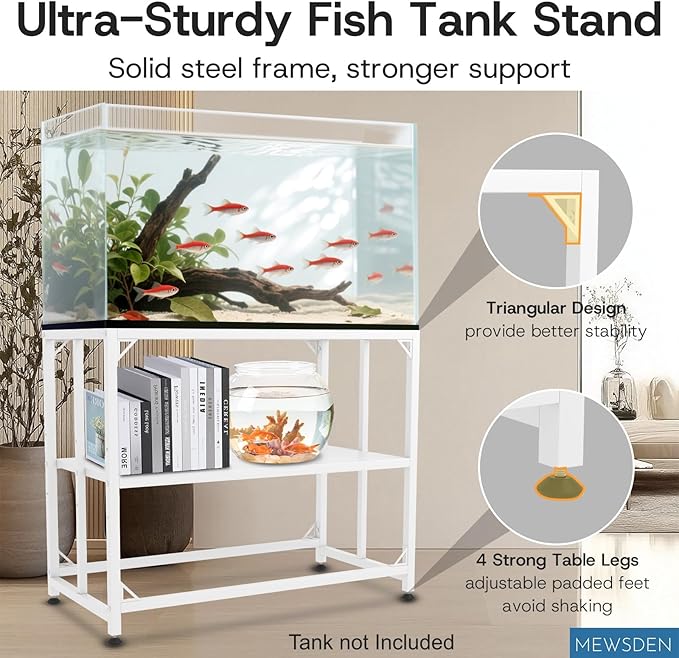 Fish Tank Stand - 20 Gallon Heavy Duty Metal Aquarium Stand, Reptile & Turtle Breeder Tank 450LBS Capacity Terrarium Stand Rack with 2-Tier Storage Shelves (White, 24.8"x13"x30")