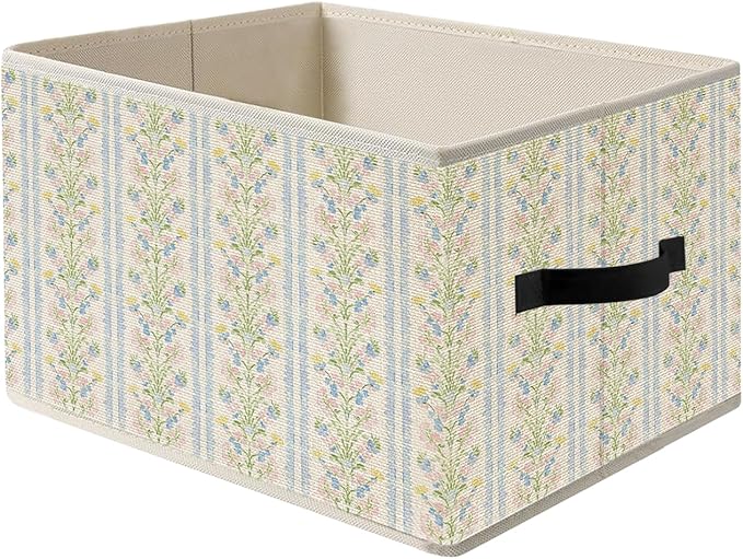 Grandmillenial Striped Floral Storage Bins, French Country Pastel Floral Foldable Closet Organizers Storage Basket Toybox for Clothes Bed Sheets Blankets Toys