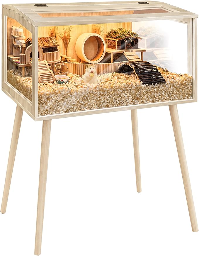 PROLEE Hamster Cage Wooden Chew Proof, Extra Large Mice and Rat Habitat Openable Top with Acrylic Sheets Solid Built Small Animal Cage with Leg Stands, 32 Inch Long