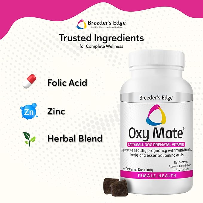 Breeder's Edge Oxy Mate Dog & Cat Prenatal Vitamins, Comprehensive Supplement for Pregnant Dogs and Cats Enriched with Essential Nutrients for Healthy Moms & Litters, Soft Chews - 60ct Small Dog & Cat
