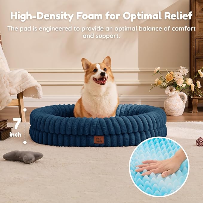 ChiXnuggle Dog Bed Large Sized Dog - Luxury Striped Faux Fur Waterproof Pet Couch with Removable Washable Cover, Orthopedic Pet Bed with Bolster Sides for Sleeping, Midnight Blue