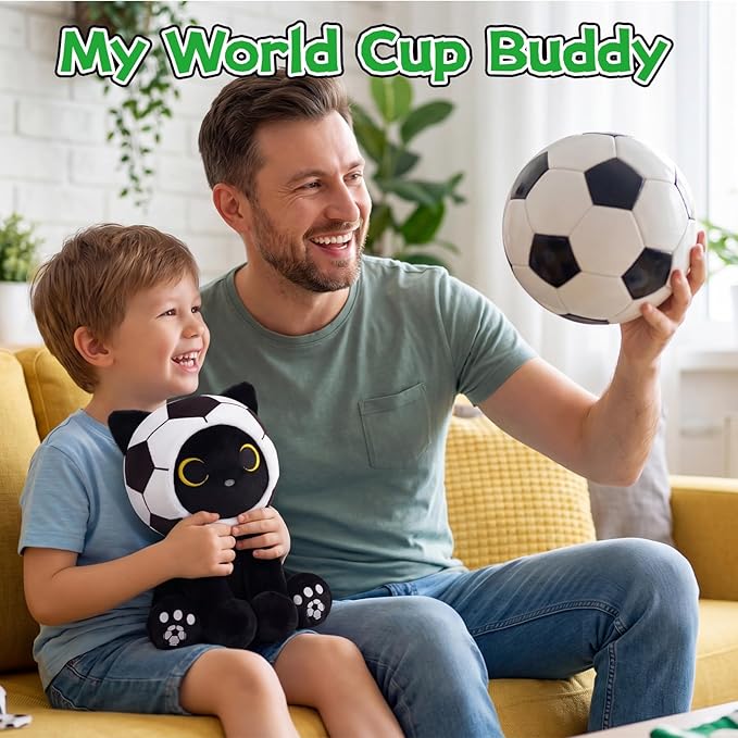 Black Cat Plush Toy - 8" Cute Stuffed Animal with Removable Soccer Ball Costume, Soccer Gift for Kids, Boys, Girls, Cat Lovers, Huggable Soft Kawaii Plushie