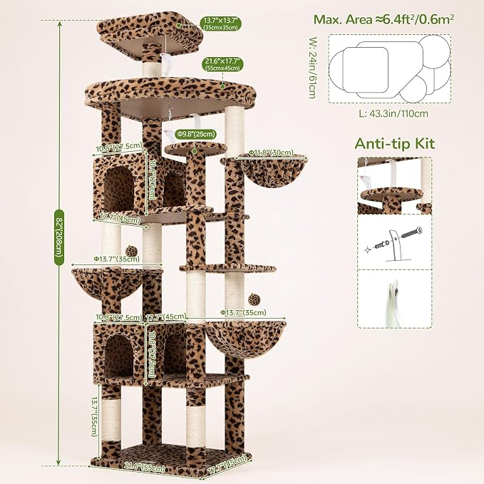 Globlazer Extra Large Leopard Cat Tree 82in Tall Heavy Duty Cat Tree for Indoor Cats Large Adult Big Cat Tower with 8 Scratching Posts, 2 Condos, 2 Padded Perches, 3 Baskets, S82, Leopard Print