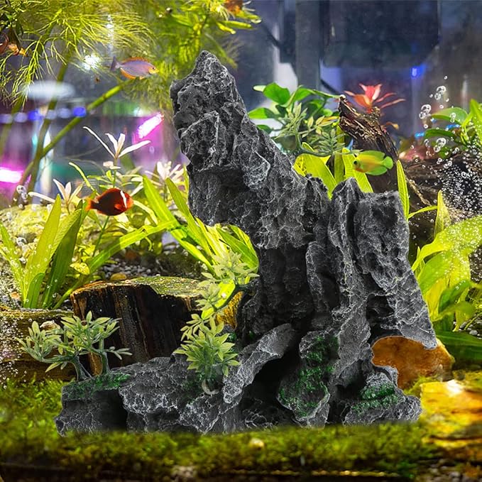 Saim Large Aquarium Mountain View Stone Ornament, Resin Rockery Fish Hiding Cave Aquarium Decoration for Amano Shrimp Cichlid to Play,Hide and Rest Fish Tank Landscape Decoration
