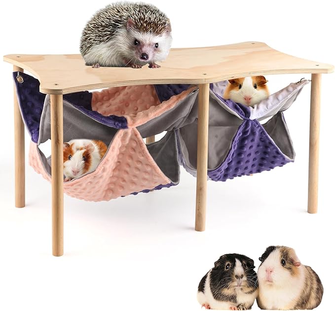Guinea Pig Hammock,Double Ferret Rat Hammock with Stand,2PCS Hanging Soft Small Animal Toys Sleeping Bed with Durable Wooden Stand for Chinchilla Bunny Hiding and Playing