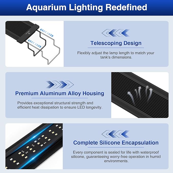 fishkeeper Aquarium Light,LED Fish Tank Lights with Auto Time Sync & 24/7, IP68 Waterproof Extendable Bracket DIY Full Sprctrum Aquarium Plant Lights with Timer/Dimming, Memory Function for 12-18 inch