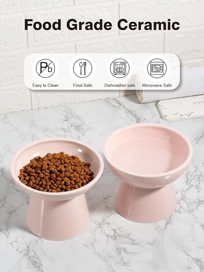 LoeJan Elevated Cat Food and Water Bowls Set, Extra Wide and Raised Ceramic Feeder, Anti-Vomit Whisker-Free Pressure Feeding Bowl for Kittens Adult Cats Small Dogs (Pink, Bowl Set)