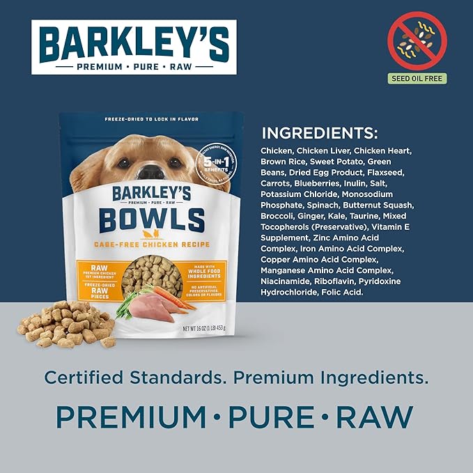 Barkley’s Bowls, Freeze-Dried Raw Chicken Dog Food, Fresh Whole Food Ingredients with Cage-Free Chicken, Grain Free, High Protein for Balanced Nutrition, Dog Treats or Topper, 16 Oz Bag (3 Pack)