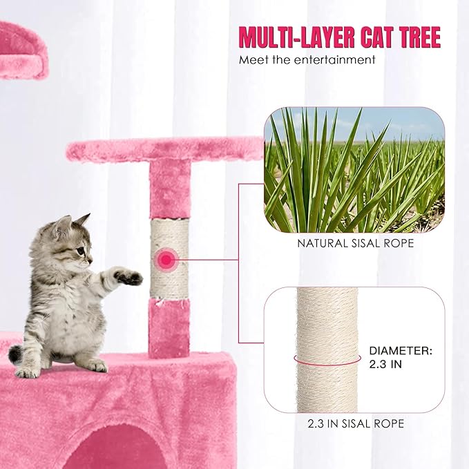 PayLessHere Cat Tree 70in Tower with Scratching Post, Multi-Level Cat Condo Stand House, Kitty Activity Center with Furry Ball Toys, Pink