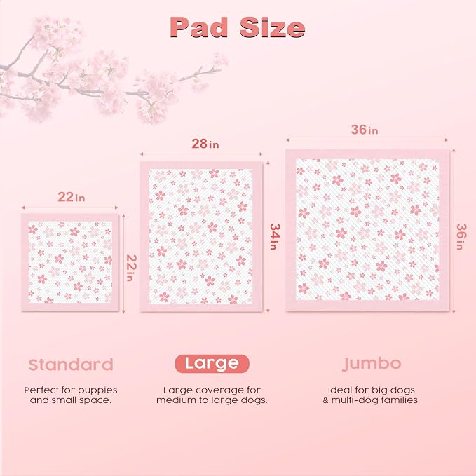 MIZOK Puppy Pads 22x22in Pee Pads for Dogs with Cherry Blossom Pattern 6 Layer Super Absorbent for Up to 4 Cups Dog Pee Pads Leak-Proof Dog Pads for Small Dogs, Puppies, Doggie (28x34in | 40Ct-Pink)
