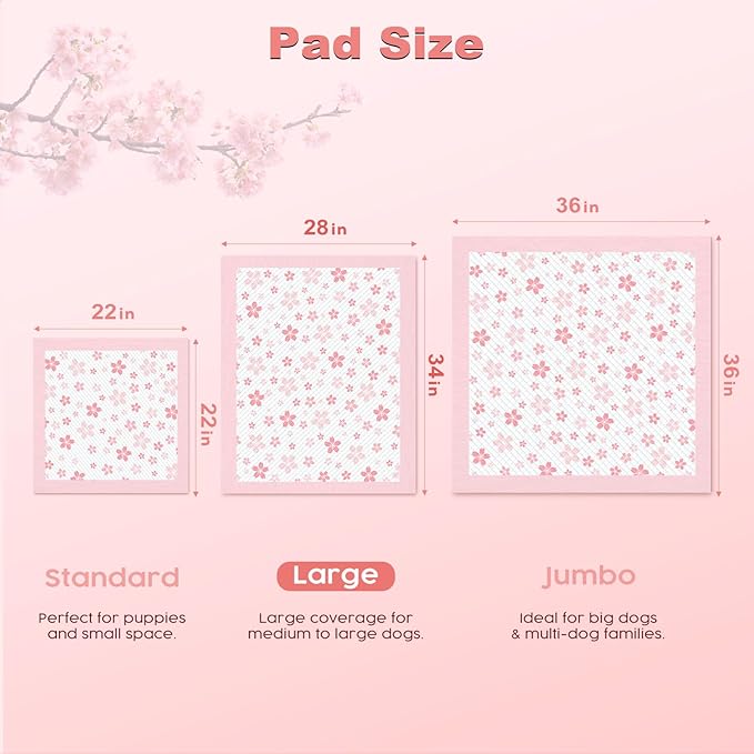 MIZOK Dog Pee Pads Extra Large 28"x34", Potty Pads for Big Dog Breeds, Super Absorbent & Leak-Proof, Pink Cherry Blossom Prints, Thick & Heavy, 4-Corner Adhesive Tabs, XL (50 Counts)