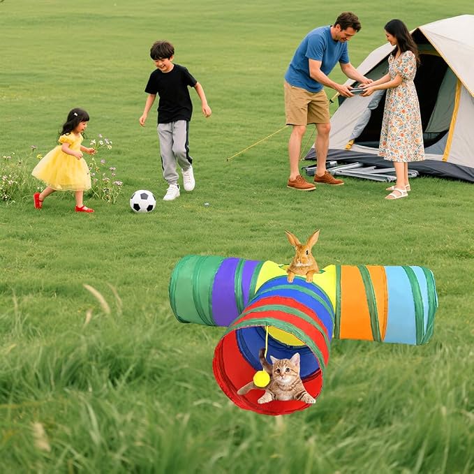 Rabbit Tunnels & Tubes Collapsible 3 Way Rainbow, Play Tunnel Tube Toy with Hanging Ball for Kitten, Puppy, Bunny, Ferret, Interactive Toys for Fun Playtime & Exercise