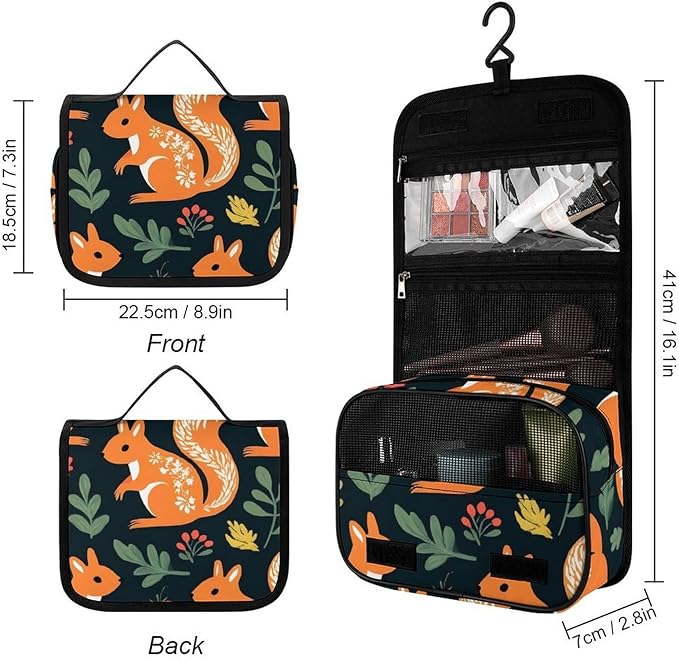 Toiletry Bag Travel Bags with Hanging Hook Hanging Multifunctional Makeup Bags Floral Squirrels Portable Cosmetic Bag