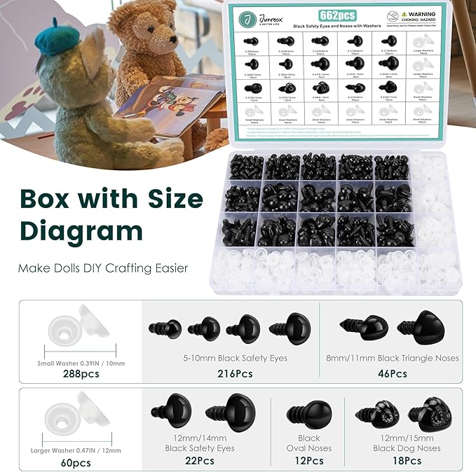 662Pcs Safety Eyes and Noses for Amigurumi, Junreox Preimum 5-14mm Safety Eyes for Crochet Stuffed Animals, Assorted Plastic Crochet Craft Eyes with Washers for Teddy Bear, Dolls, Plushies Toys, Black