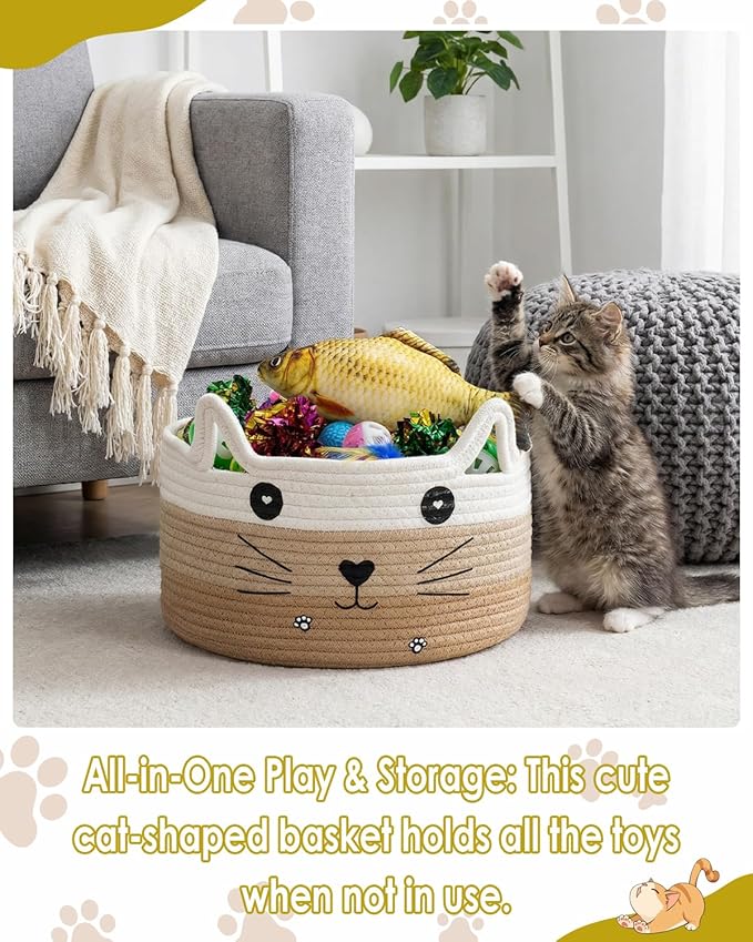 76-Piece Cat Storage Basket & Interactive Cat Toy Set: Wand Toy, Colorful Flashing Balls, Crinkle Balls – Attracts Kittens to Swat and Hunt, Indoor Cat Toy (Khaki)