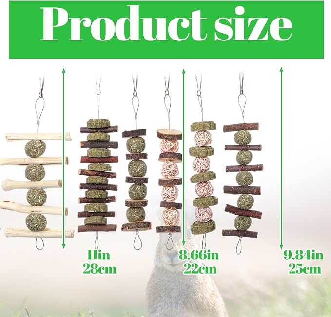 7 Pcs Bunny Chew Toys, Natural Apple Wood Hanging Rabbit Chew Toy Treats for Guinea Pigs Hamsters Chinchilla Ferret Rats, Improve Small Animal Dental Health for Teeth Grinding