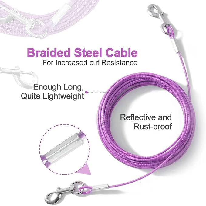 Tie Out Cable for Dogs,10/20/30/50/100FT Dog Leads for Yard Chew Proof,Heavy Duty Tie Out Cable for Large Dogs Up to 125lbs,Dog Runner Tether (Purple, 125Ibs 20ft)