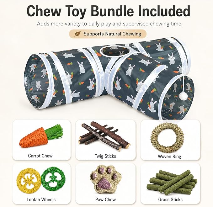 Rabbit Tunnel Toy, Collapsible 3-Way Hideout Tunnel with Chew Toys for Rabbits, Guinea Pigs, Ferrets, Kittens & Small Pets - Gray & White Bunny Carrot Design Hideout (33"x20"x9.5")