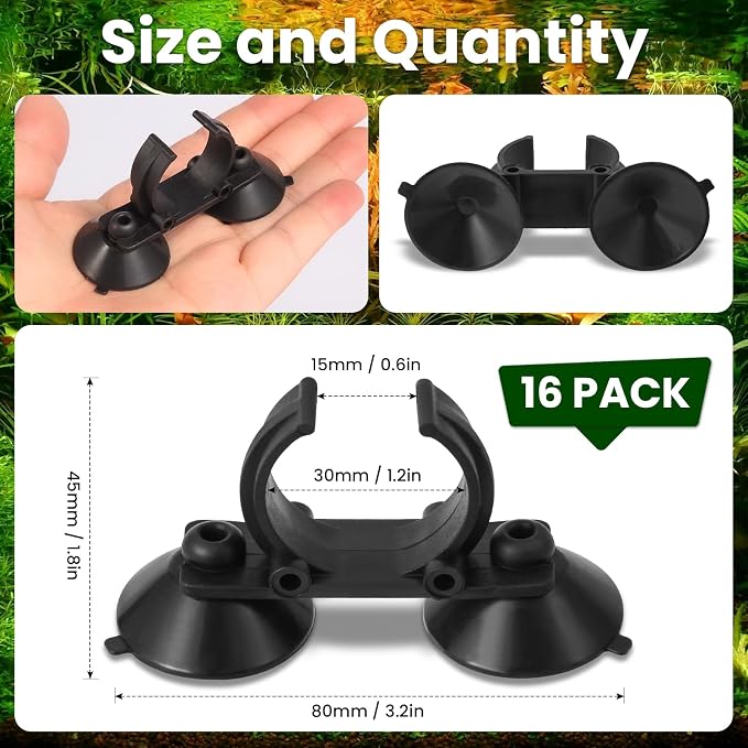 16 Pack Aquarium Heater Suction Cups with Clips，Clip Heavy Duty Black Standard Heating Rod Holders Clamps with 1.2 Inch Clips for Aquarium and Fish Tanks Heater (Double-Headed)
