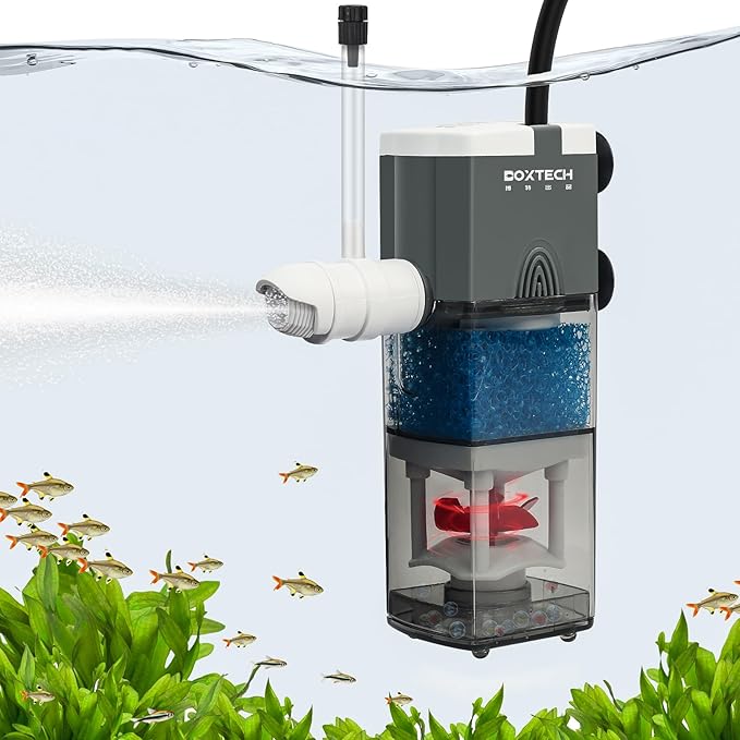 UPETTOOLS Aquarium Internal Filter, 4 in 1 Small Fish Tank Filters Pump Sponge Filter Ultra Silent Adjustable Submersible Power Filter with Multiple Function for Fish Tanks 5-10 Gallon