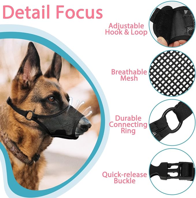 LUCKYPAW Dog Muzzle, Mesh Dog Muzzle for Large Medium Small Dogs, Soft Mouth Guard for Biting Chewing, Breathable Mouth Cover with Adjustable Strap for Training (Black, S(Snout:7.75"-8.75"))