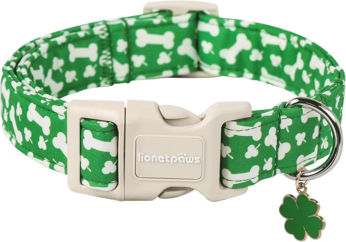 Lionet Paws St. Patrick Dog Collar- Cute Clover Bone Green Dog Collars with Plastic Buckle, Light Adjustable Dog Collars with Clover Pendant for Medium Dogs