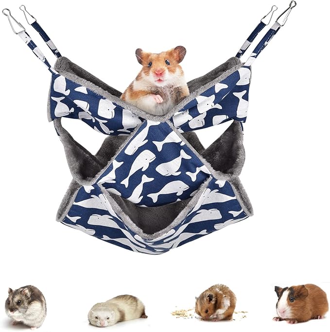 Petmolico Ferret Swing Hammock, Small Pets Hanging Cage Hammock Warm Plush Winter Ferret Accessories for Hamster Guinea Pig Rat Sugar Glider, Blue Whale