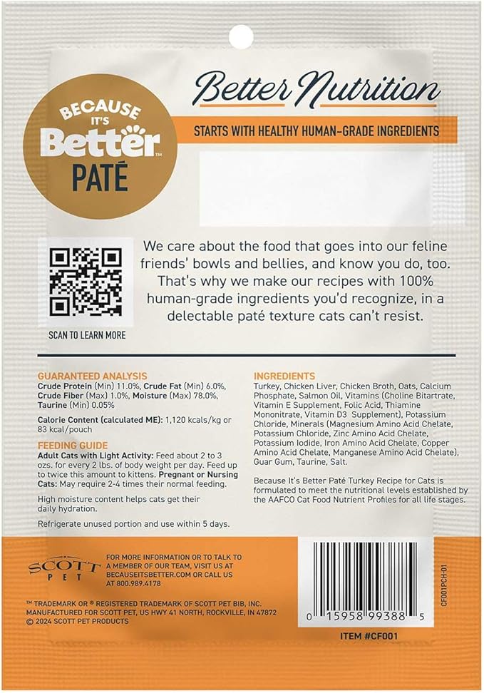 Because It’s Better Pate Complete Meal - Wet Cat Food - Real Turkey Recipe - Organic, Balanced, Smooth Pate Texture, Human-Grade Ingredients, Grain Free, 2.6 oz Pouches (12 Count)