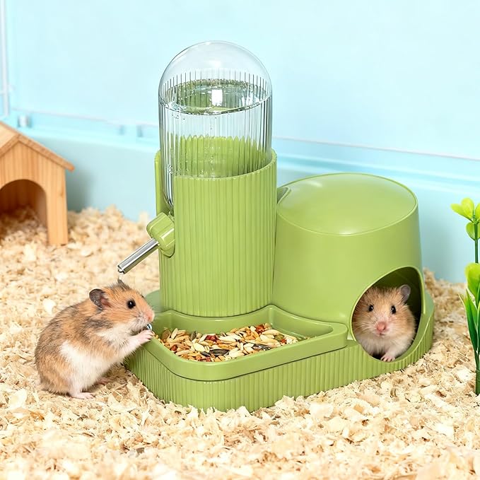3 in 1 Hamster Water Bottle No Drip Automatic Water Dispenser with Food Bowl Container & Hideout Base Hut for Dwarf Hamster Mouse Rat Gerbils Mice Cage Accessories (Green)