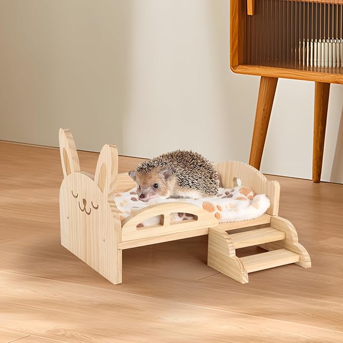 Wooden Guinea Pig Bed with Mat 13.5IN X 9.3IN Detachable Hideout with Stairs Small Animal Cute Warm Habitats for Hamsters Ferret Bunny Sleeping Hiding