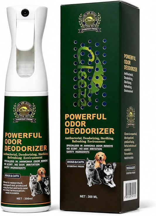 Cleeze Pet Odor Eliminator Spray for Strong Odor, Dog Deodorizing Spray for Dogs and Cats, Pet Deodorizer, Pet Odor Spray for Urine, Carpet, Furniture, Fabric, Safe for Pets, Natural Ingredients, 10oz