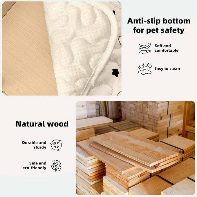 Wooden Guinea Pig Hideout with Non-Slip Mat Ramp & Platform for Small Pets | Natural solid wood with screw-fixed structure, smooth burr-free edges ensure a pet-safe, sturdy shelter for long-term use