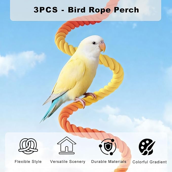 Colorful Flexible Bird Rope Perch for Small & Medium Parrots - Bendable Cotton Rope Parrot Perch Set, 3-Size Perches for Cage, Parakeet, Cockatiel, Lovebird Bird Accessories